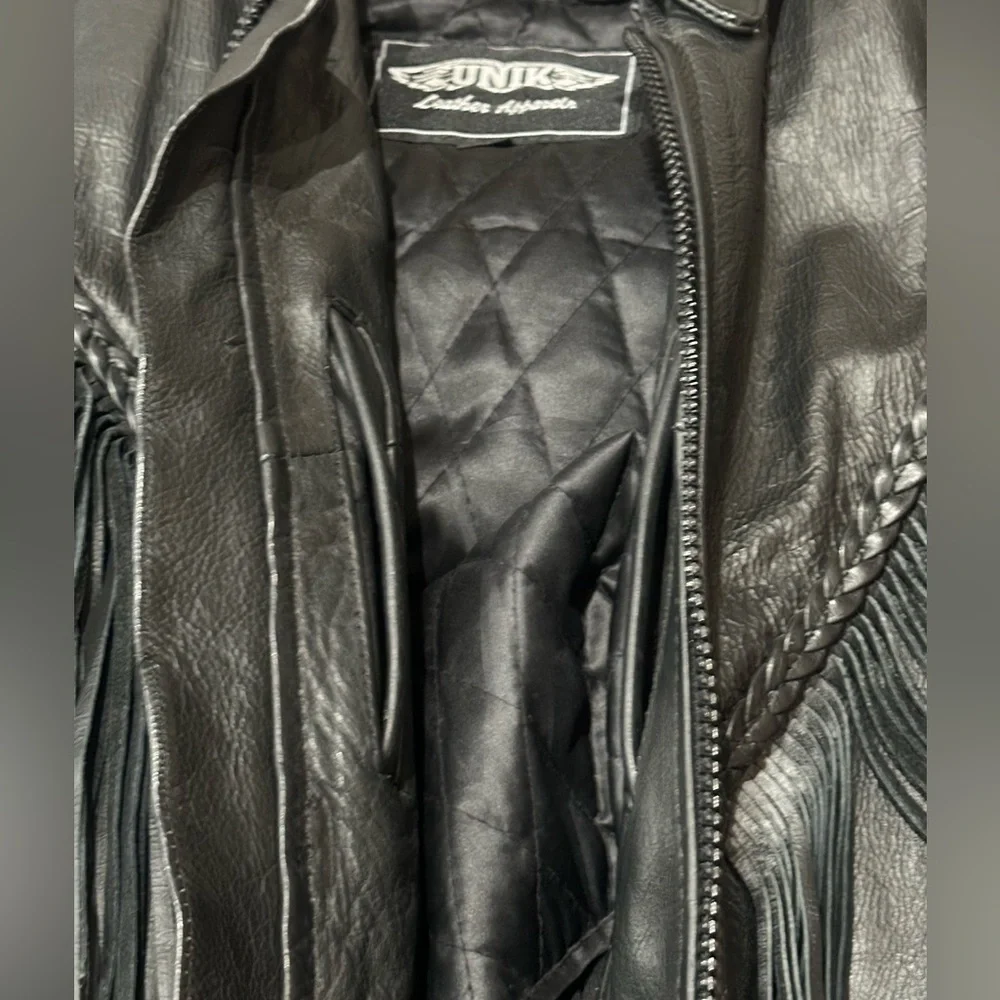 Unik Vtg Black Leather Fringe Jacket - Picture 5 of 16